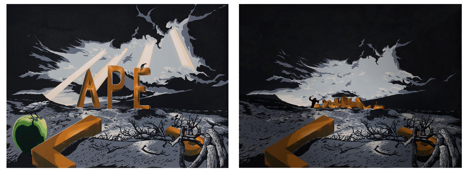 Aped, left panel linocut, right panel digital print, each panel 56x76cm, 2013