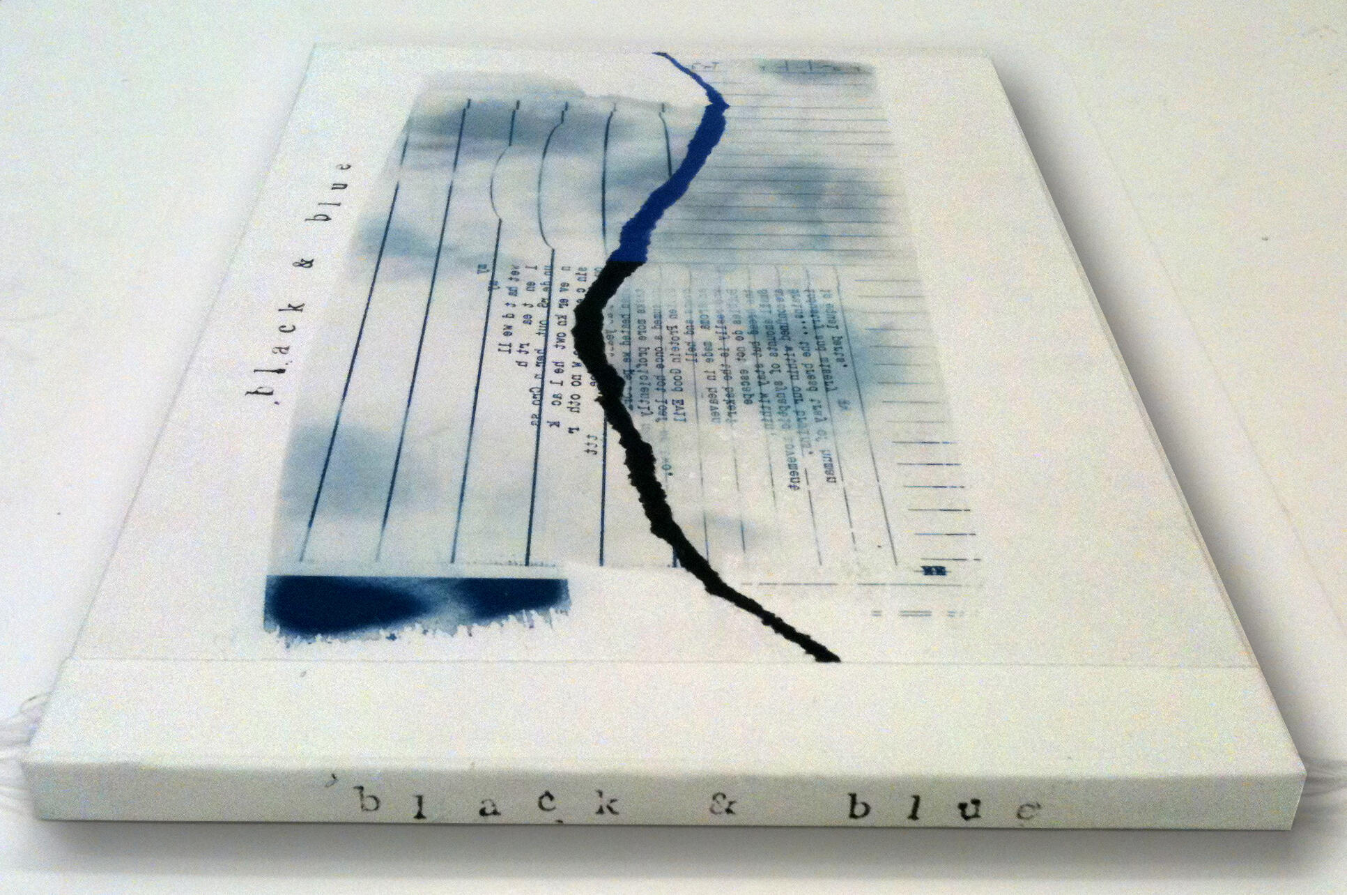 Black &amp; Blue, artists&#39; book, edition 1, text and imagery via cyanotype prints on paper. Pages have additional acetate overlays with inkjet graphics. 48 x 30cm. 2010
