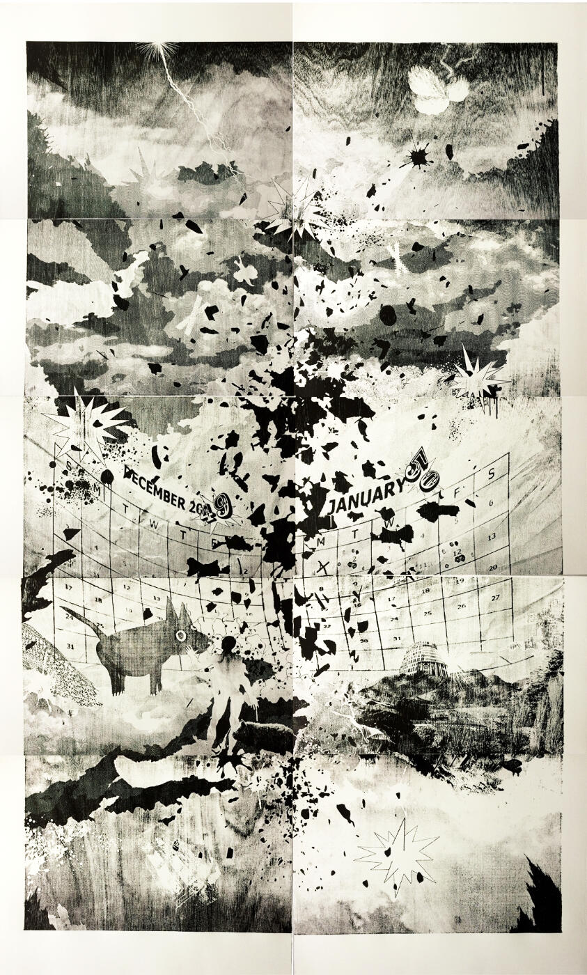 2050, woodcut, 10 panels, 200 x 120cm, edition #4, 2018