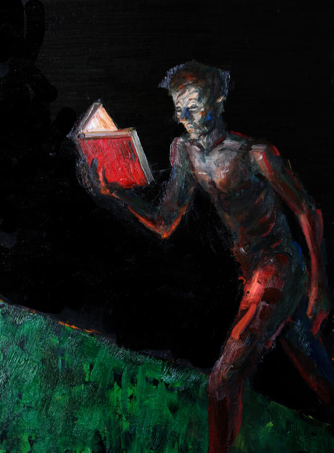 Reading in the Dark, oil on board, 32 x 26cm, 2018